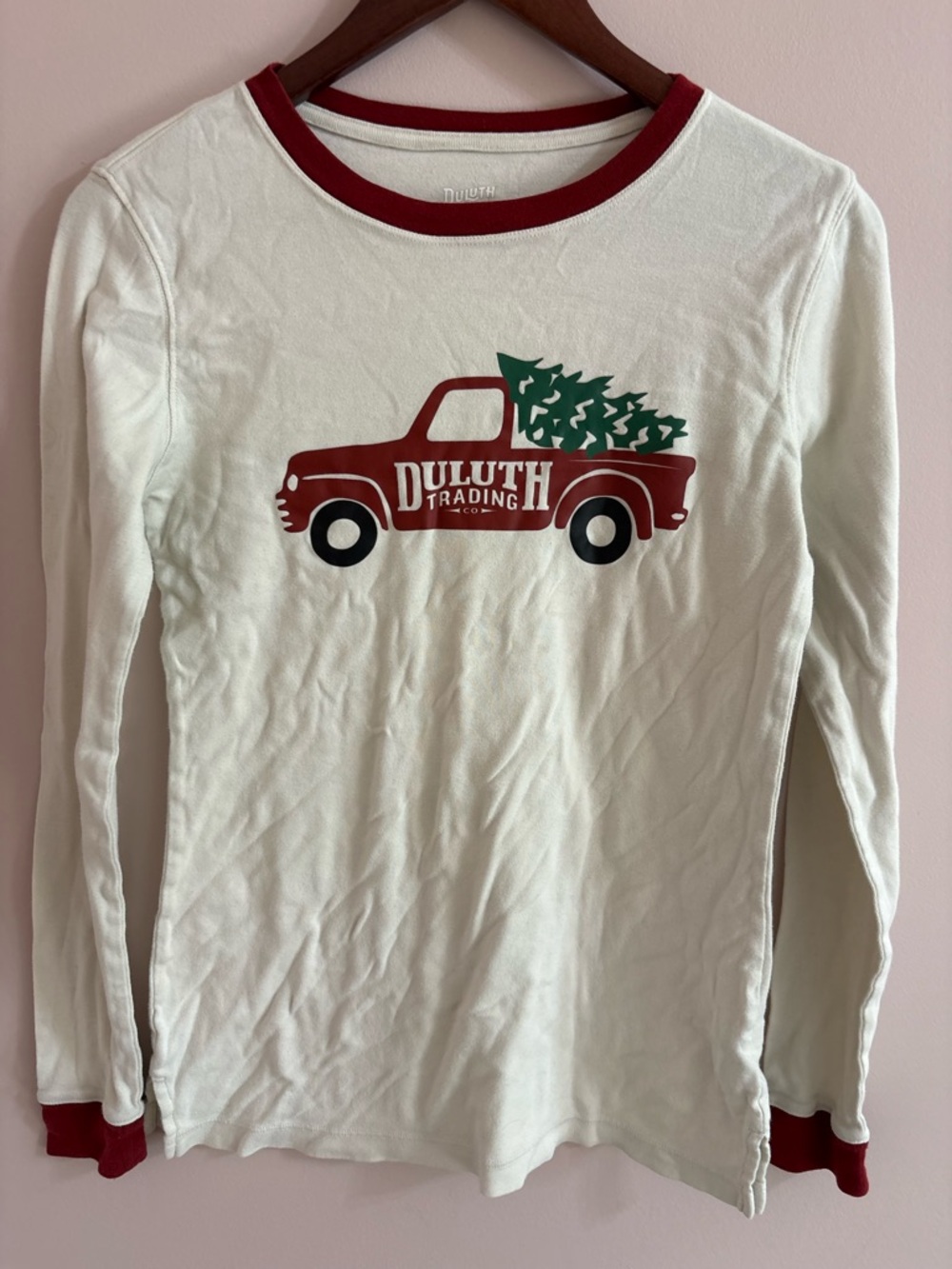 Duluth Trading Co Women’s White Long-Sleeve Shirt with Red Truck Graphic
